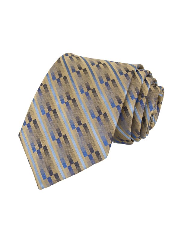 Brown, Blue and Black Geometric Pattern Silk Tie