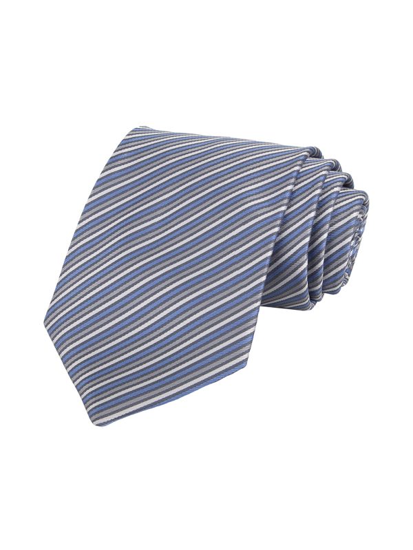 Gray, Dark Gray, Blue and White Four-Color Striped Silk Tie